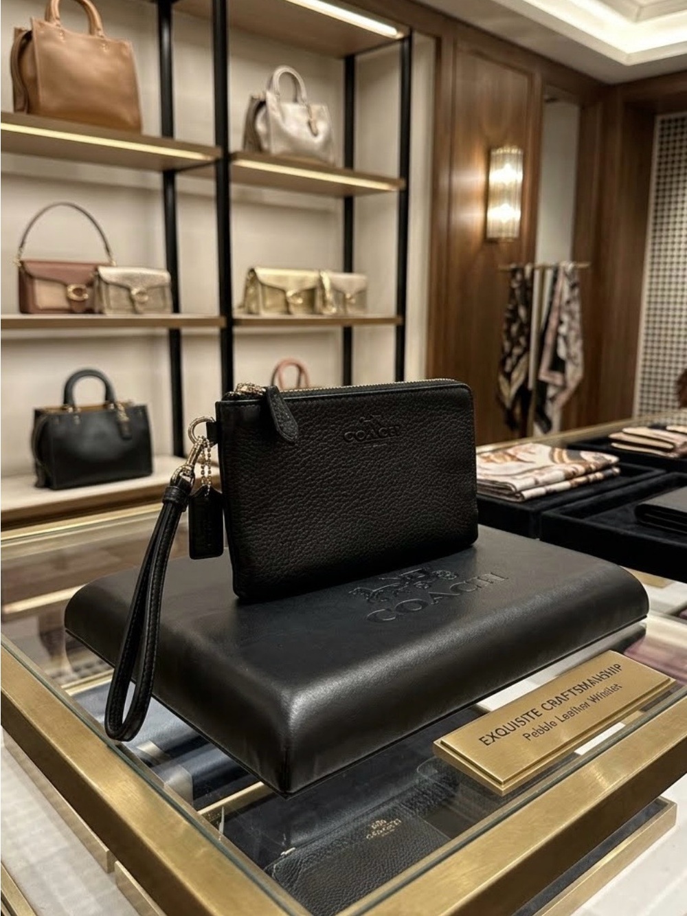 Coach Black Pebbled Leather Wristlet Double Pouch